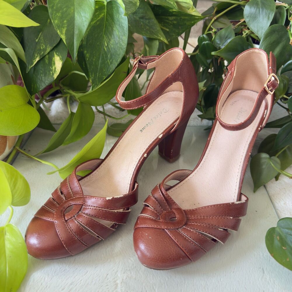 Dolce Nome congnac brown leather ankle strap heels with retro cutout detailing